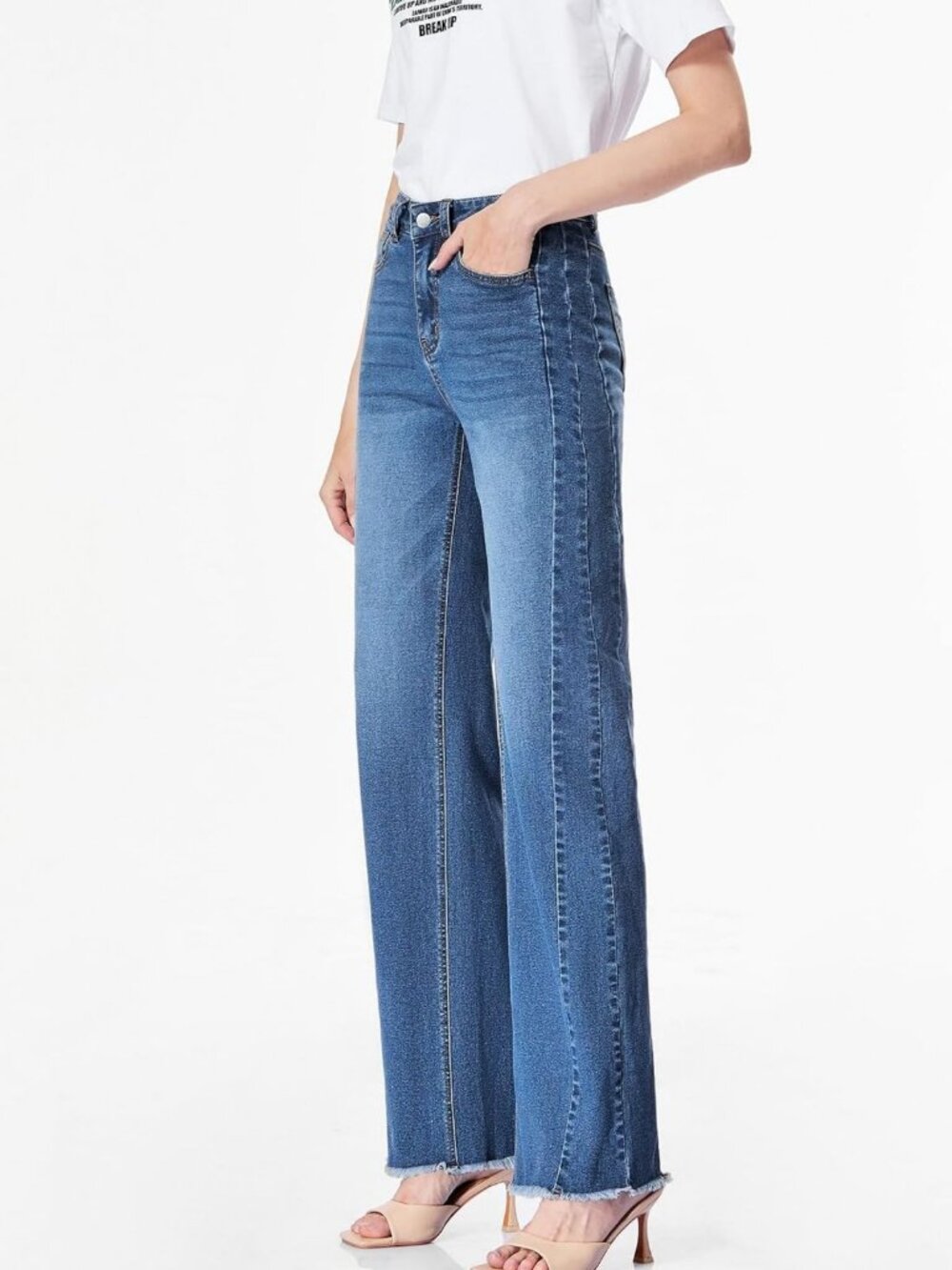 High-Waisted Wide Leg Jeans for Women | Stretchy Raw Hem Denim Pants - Picture 7 of 9